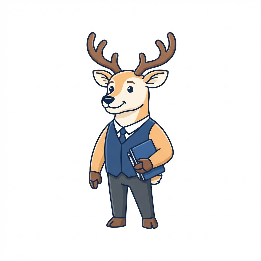 Friendly cartoon stag mascot holding a notebook