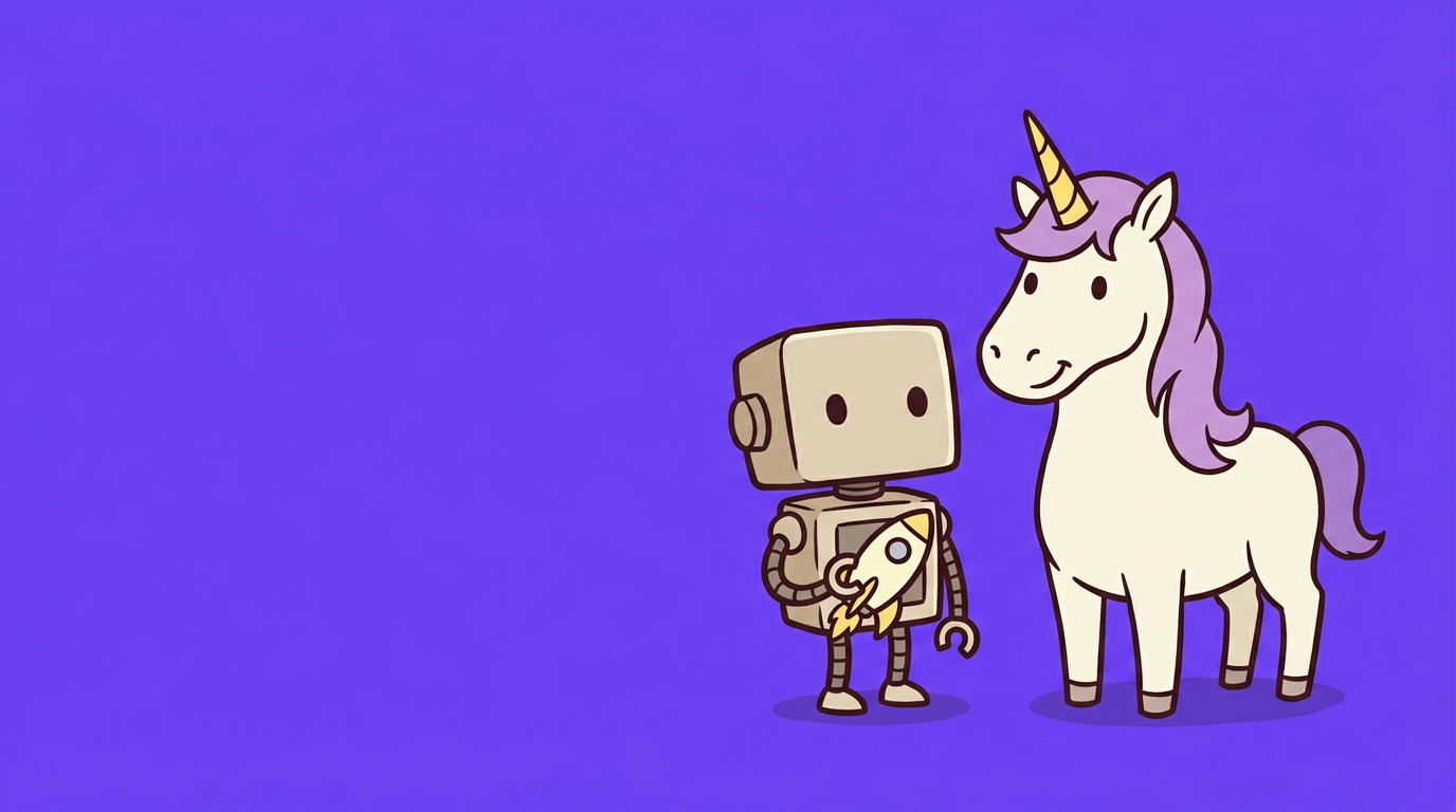 A friendly robot holding a small rocket beside a unicorn with a lavender mane